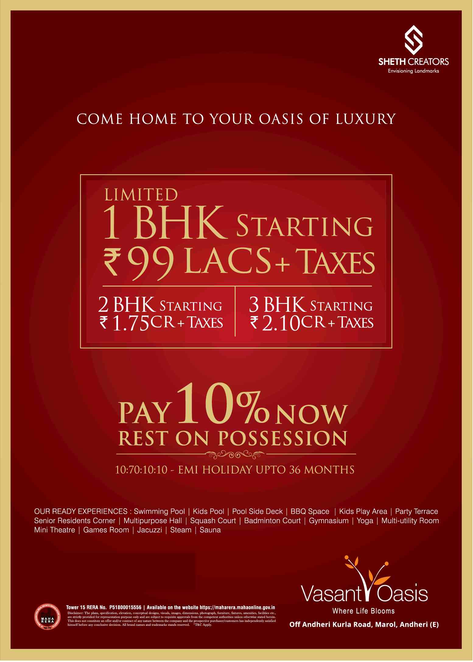 Pay 10% now to book and rest on possession at Sheth Vasant Oasis in Mumbai Update